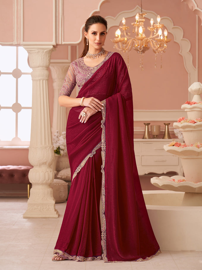 Tussar Silk Embroidery Sequence Work Saree with Unstitch Blouse Piece Trendmalls