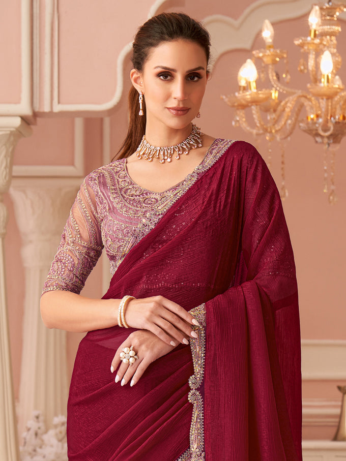 Tussar Silk Embroidery Sequence Work Saree with Unstitch Blouse Piece Trendmalls