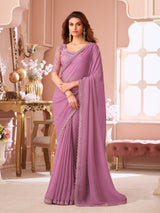 Pink Tussar Silk Embroidery Sequence work Saree with Unstitched Blouse Piece Trendmalls
