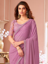 Pink Tussar Silk Embroidery Sequence work Saree with Unstitched Blouse Piece Trendmalls