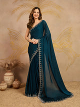 Morpeach Satin Siroski work Saree with Unstitched Blouse Piece For Women's