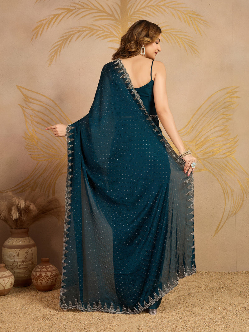 Morpeach Satin Siroski work Saree with Unstitched Blouse Piece For Women's Trendmalls