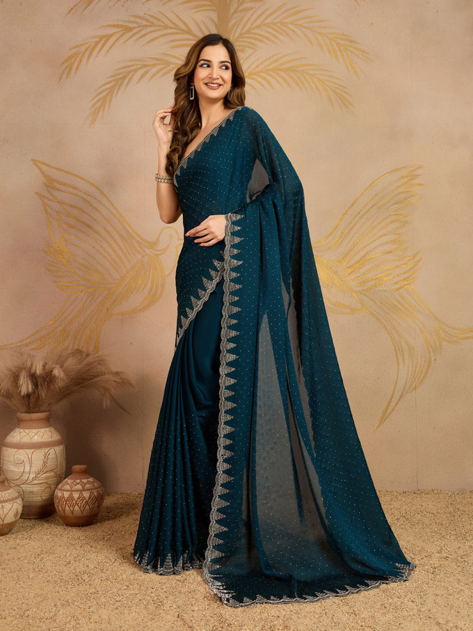 Morpeach Satin Siroski work Saree with Unstitched Blouse Piece For Women's Trendmalls