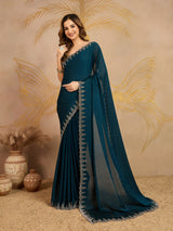 Morpeach Satin Siroski work Saree with Unstitched Blouse Piece For Women's