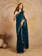 Morpeach Satin Siroski work Saree with Unstitched Blouse Piece For Women's