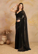 Black Georgette Siroski work Saree with Unstitched Blouse Piece For Women's