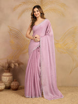Light Pink Art Silk Siroski Zarkan Work Saree with Unstitched Blouse Piece