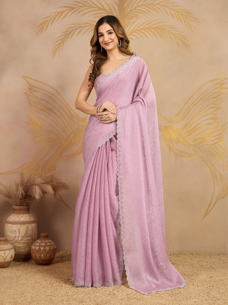 Light Pink Art Silk Siroski Zarkan Work Saree with Unstitched Blouse Piece Trendmalls