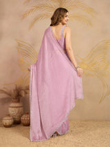 Light Pink Art Silk Siroski Zarkan Work Saree with Unstitched Blouse Piece Trendmalls