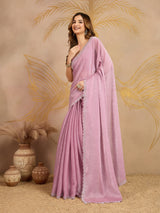 Light Pink Art Silk Siroski Zarkan Work Saree with Unstitched Blouse Piece