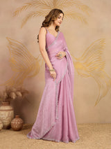 Light Pink Art Silk Siroski Zarkan Work Saree with Unstitched Blouse Piece