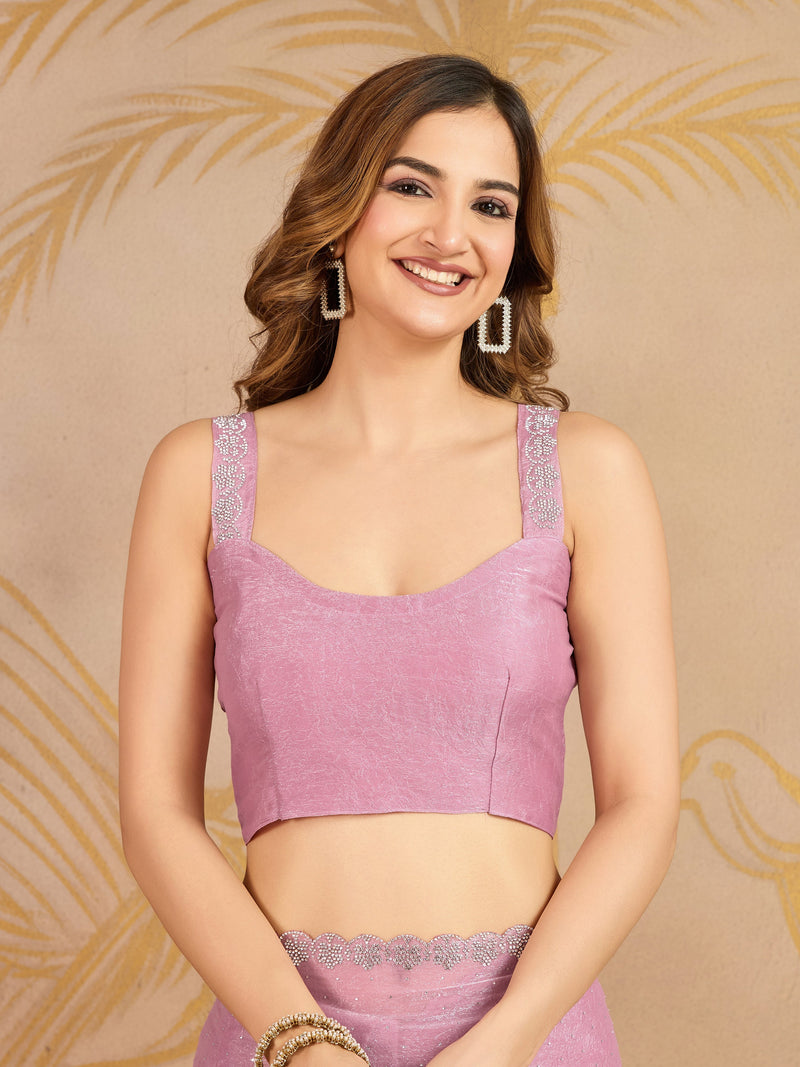 Light Pink Art Silk Siroski Zarkan Work Saree with Unstitched Blouse Piece Trendmalls