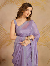 Purple Art Silk Zarkan Work Saree with Unstitched Blouse Piece
