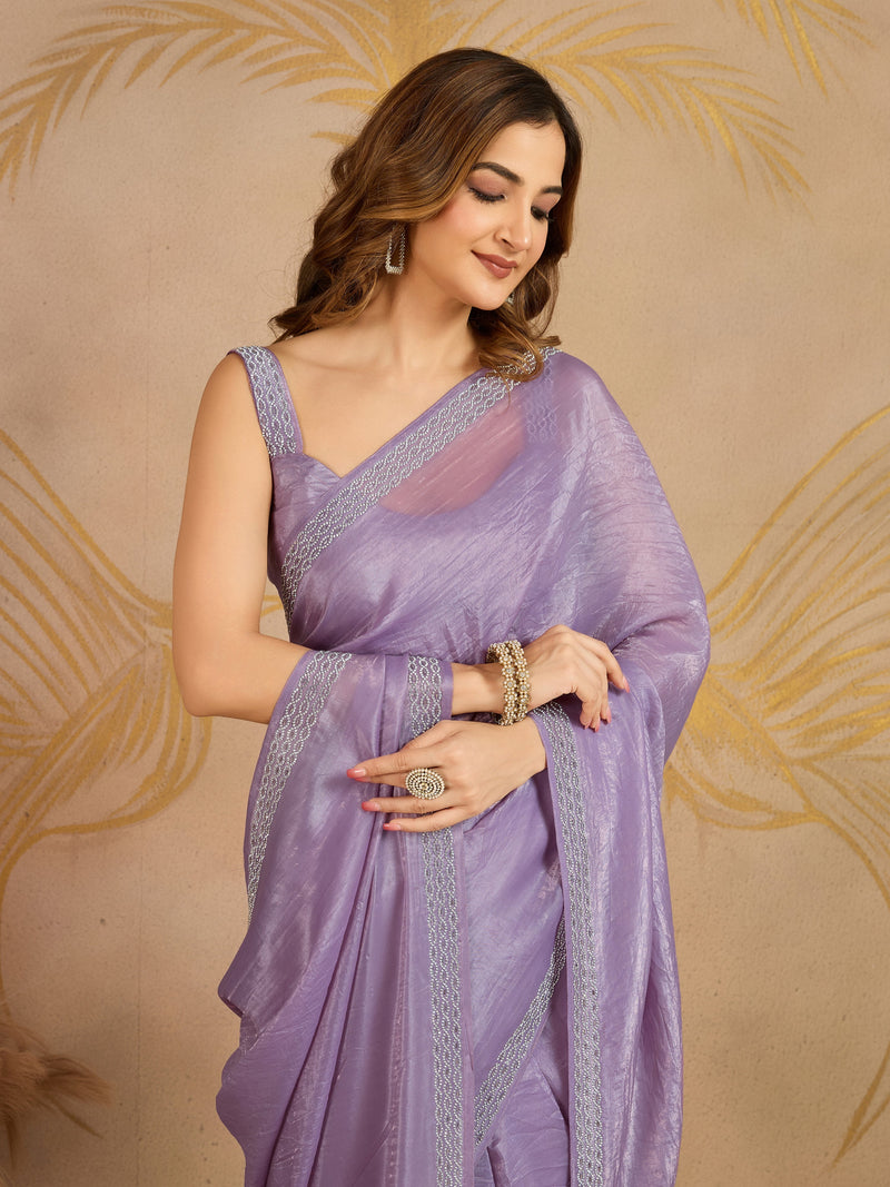 Purple Art Silk Zarkan Work Saree with Unstitched Blouse Piece Trendmalls