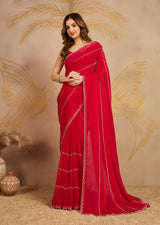 Red Satin Zarkan Siroski work Saree with Unstitched Blouse Piece For Women's