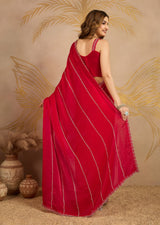 Red Satin Zarkan Siroski work Saree with Unstitched Blouse Piece For Women's Trendmalls