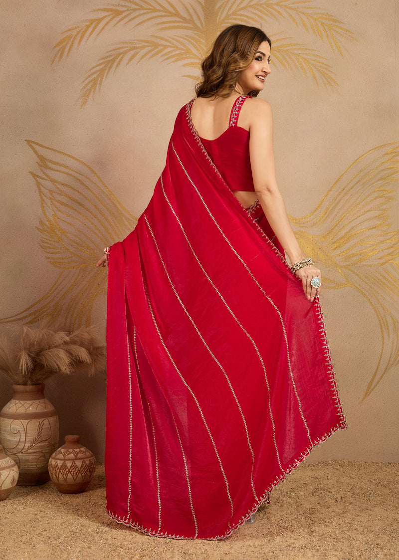 Red Satin Zarkan Siroski work Saree with Unstitched Blouse Piece For Women's Trendmalls
