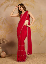Red Satin Zarkan Siroski work Saree with Unstitched Blouse Piece For Women's