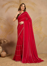 Red Satin Zarkan Siroski work Saree with Unstitched Blouse Piece For Women's