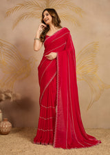 Red Satin Zarkan Siroski work Saree with Unstitched Blouse Piece For Women's