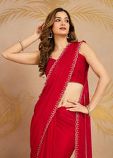 Red Satin Zarkan Siroski work Saree with Unstitched Blouse Piece For Women's