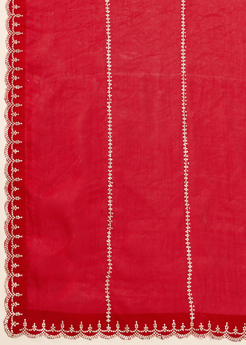 Red Satin Zarkan Siroski work Saree with Unstitched Blouse Piece For Women's Trendmalls