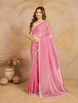Light Pink Art Silk Siroski Work Saree with Unstitch Blouse Piece