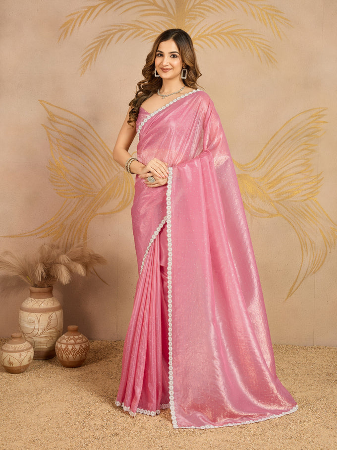 Light Pink Art Silk Siroski Work Saree with Unstitch Blouse Piece Trendmalls