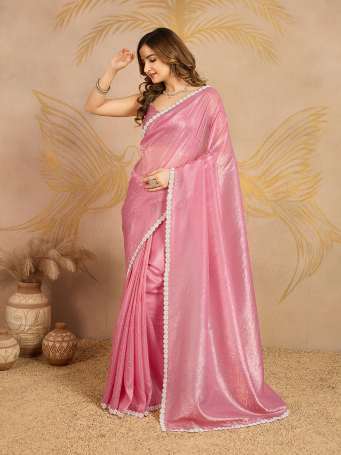 Light Pink Art Silk Siroski Work Saree with Unstitch Blouse Piece Trendmalls
