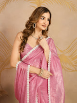 Light Pink Art Silk Siroski Work Saree with Unstitch Blouse Piece