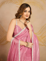 Light Pink Art Silk Siroski Work Saree with Unstitch Blouse Piece