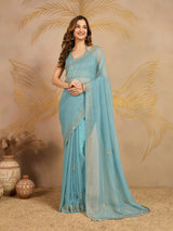 Sky Blue Art Silk Zarkan Work Saree with Unstitched Blouse Piece For Women's