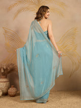Sky Blue Art Silk Zarkan Work Saree with Unstitched Blouse Piece For Women's Trendmalls