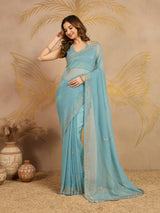 Sky Blue Art Silk Zarkan Work Saree with Unstitched Blouse Piece For Women's