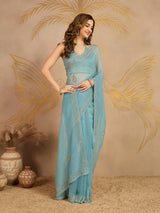Sky Blue Art Silk Zarkan Work Saree with Unstitched Blouse Piece For Women's