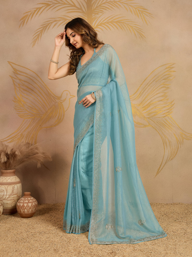 Sky Blue Art Silk Zarkan Work Saree with Unstitched Blouse Piece For Women's Trendmalls