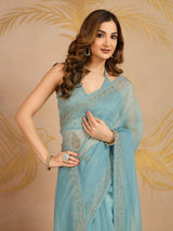 Sky Blue Art Silk Zarkan Work Saree with Unstitched Blouse Piece For Women's