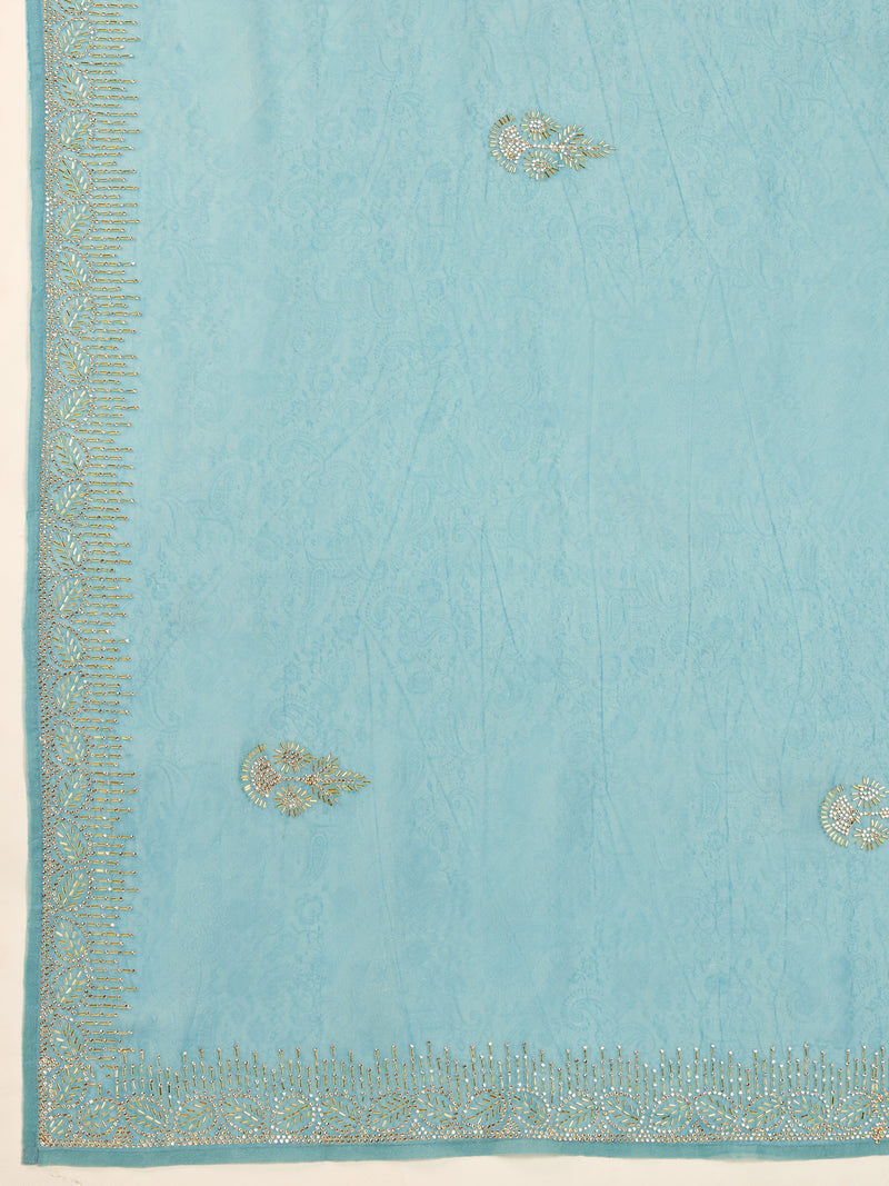Sky Blue Art Silk Zarkan Work Saree with Unstitched Blouse Piece For Women's Trendmalls