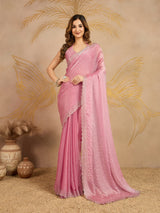 Pink Chiffon Siroski Work Saree with Unstitched Blouse Piece
