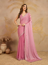 Pink Chiffon Siroski Work Saree with Unstitched Blouse Piece
