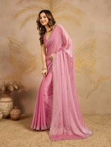 Pink Chiffon Siroski Work Saree with Unstitched Blouse Piece