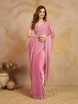 Pink Chiffon Siroski Work Saree with Unstitched Blouse Piece