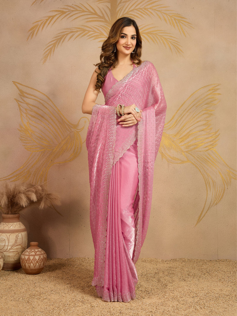 Pink Chiffon Siroski Work Saree with Unstitched Blouse Piece Trendmalls