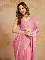 Pink Chiffon Siroski Work Saree with Unstitched Blouse Piece