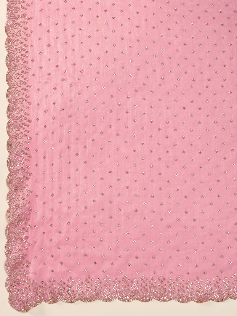 Pink Chiffon Siroski Work Saree with Unstitched Blouse Piece Trendmalls