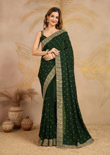 Dark Green Art Silk Embroidery Work Saree With Unstitched Blouse Piece For Woman's