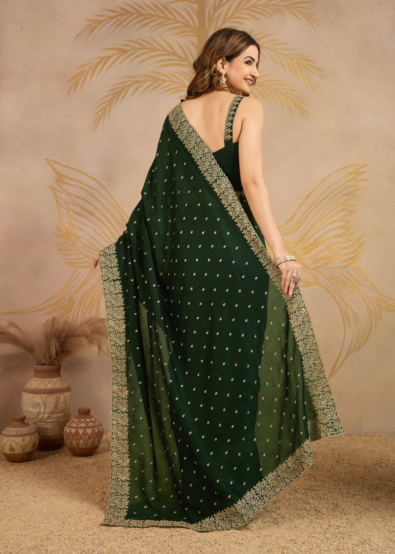 Dark Green Art Silk Embroidery Work Saree With Unstitched Blouse Piece For Woman's