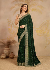 Dark Green Art Silk Embroidery Work Saree With Unstitched Blouse Piece For Woman's