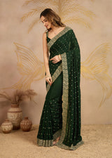 Dark Green Art Silk Embroidery Work Saree With Unstitched Blouse Piece For Woman's