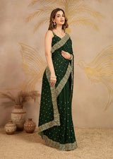 Dark Green Art Silk Embroidery Work Saree With Unstitched Blouse Piece For Woman's